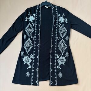 Nurture Womens Black White Embroidered Open Cardigan S Bohemian Lightweight